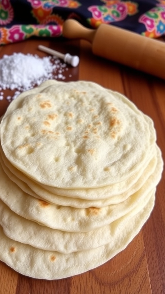 A stack of warm quesillo tortillas on a wooden table with masa harina and a rolling pin.